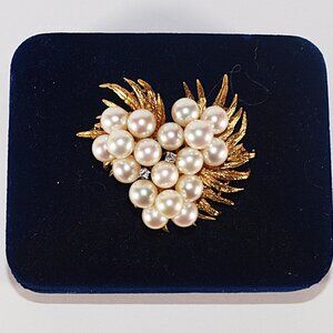 Kurt Wayne Akoya Pearl 14kt Brooch w/ Diamonds Couture